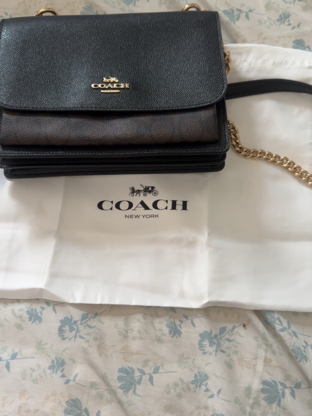 Coach Black and Brown Leather Crossbody with Gold Chain - Picture 2 of 3